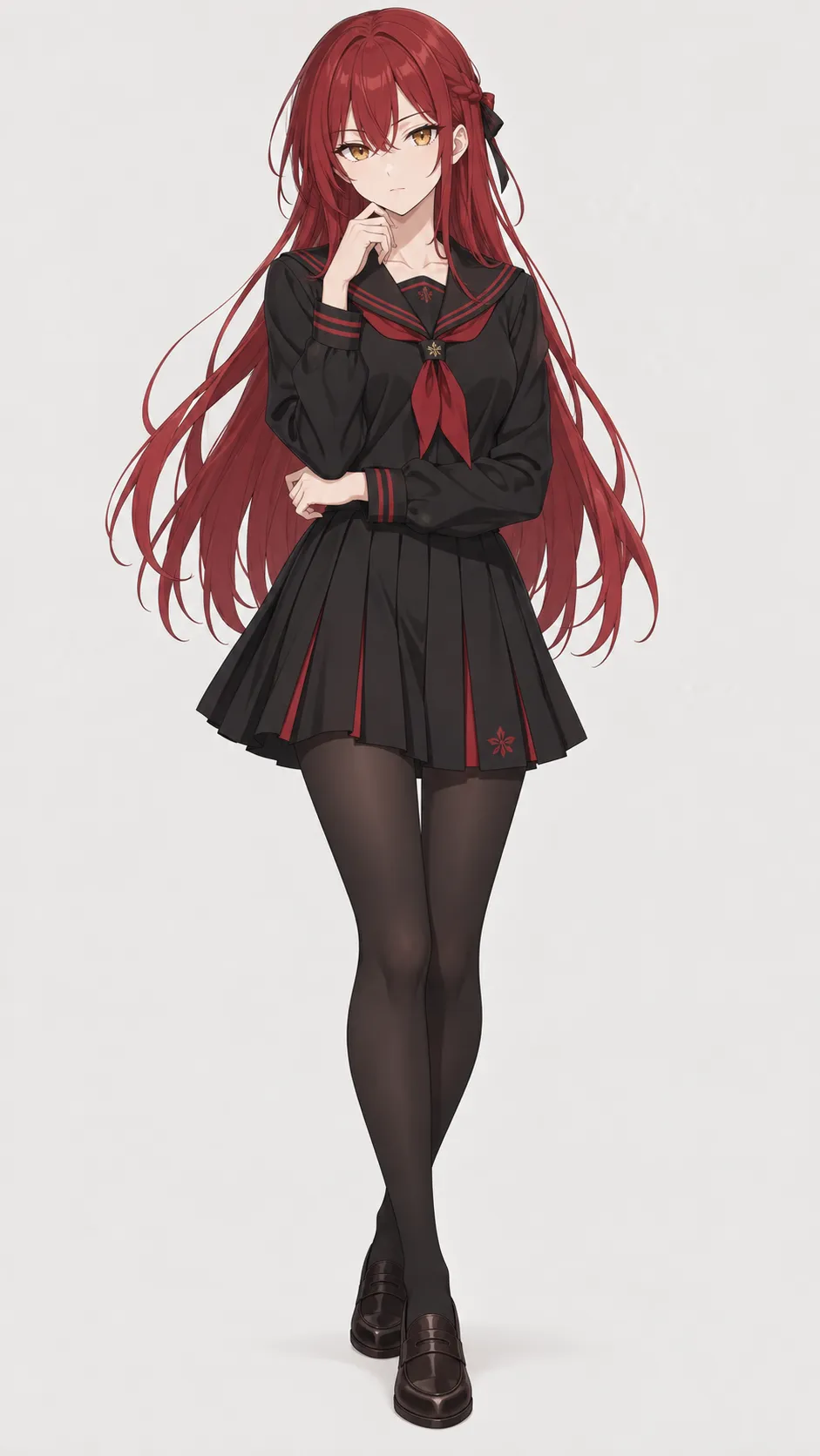 朱鹭户焰全身插画：红色长发、金色眼睛，黑色水手服配红色领巾和红色袖口，黑色百褶短裙露出红色内褶，黑丝袜、深棕色乐福鞋，一只手托着下巴，浅灰底。