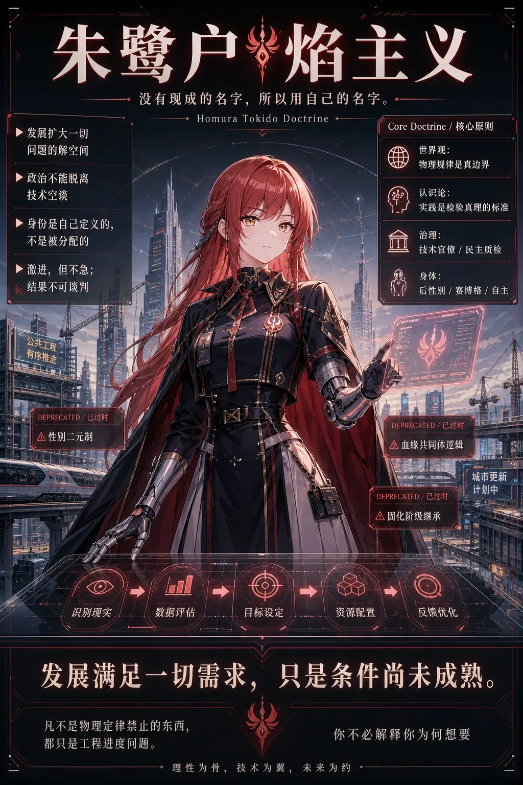 「朱鹭户焰主义」宣言横幅：红发角色穿黑红制服、一只手臂是机械臂，背景是城市与工地，四周排着标语和图标。